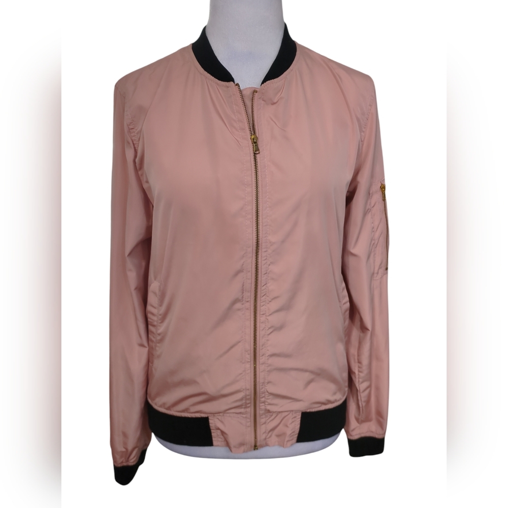 Cream Tan Bomber Jacket with Ribbed Accents